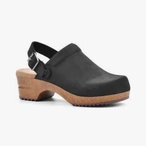 White Mountain Black Nubuck Leather Clogs with Buckle